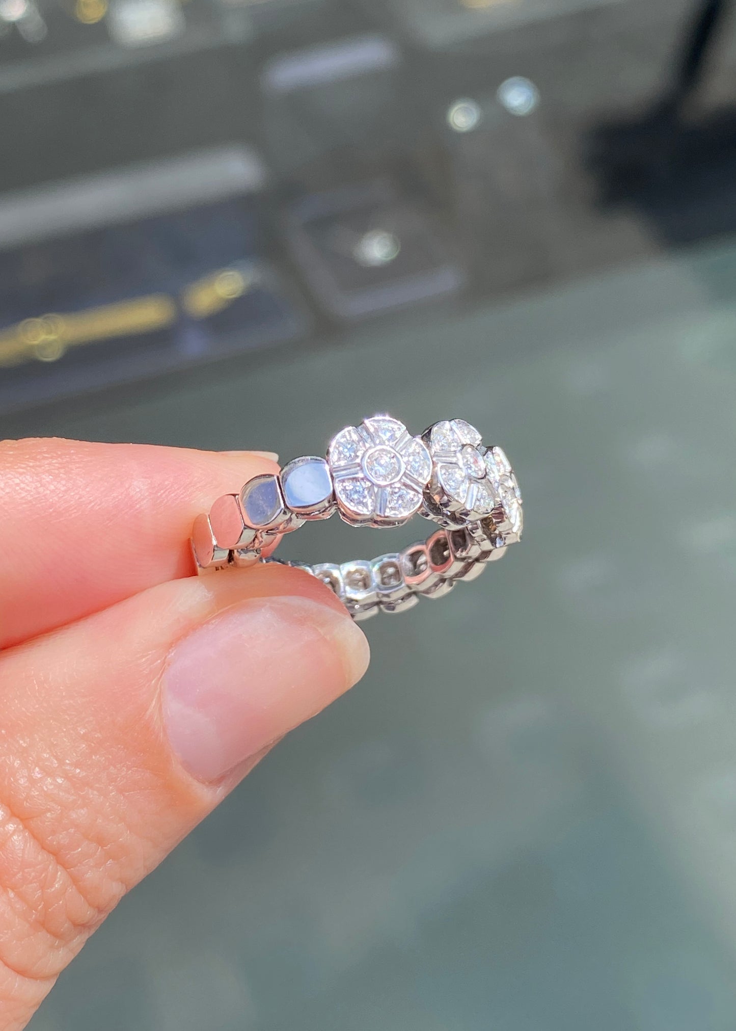 Triple Daisy Diamond Cluster 18 Carat White Gold Flexy Band Dress Ring