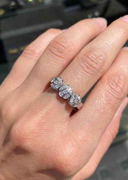 Triple Daisy Diamond Cluster 18 Carat White Gold Flexy Band Dress Ring