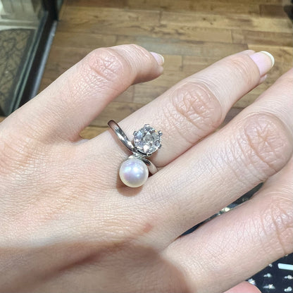 Antique Pearl and Diamond Toi Et Moi 18 Carat White Gold Engagement Ring