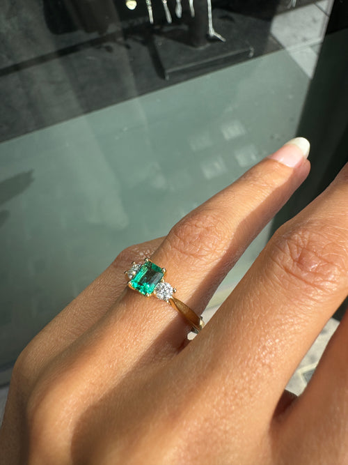 0.57ct Colombian Emerald & Diamond 18K Yellow Gold Three-Stone Engagement Ring