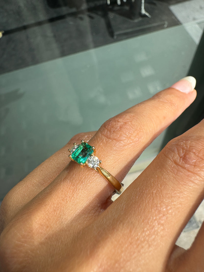 0.57ct Colombian Emerald & Diamond 18K Yellow Gold Three-Stone Engagement Ring