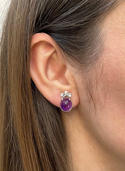 Vintage Oval Cabochon Amethyst and Diamond 18 Carat White Gold Stud Earrings