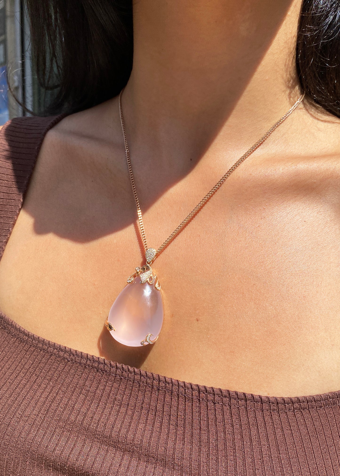 115.48ct Rose Quartz & Diamond 18K Rose Gold Large Pear Shape Pendant Necklace