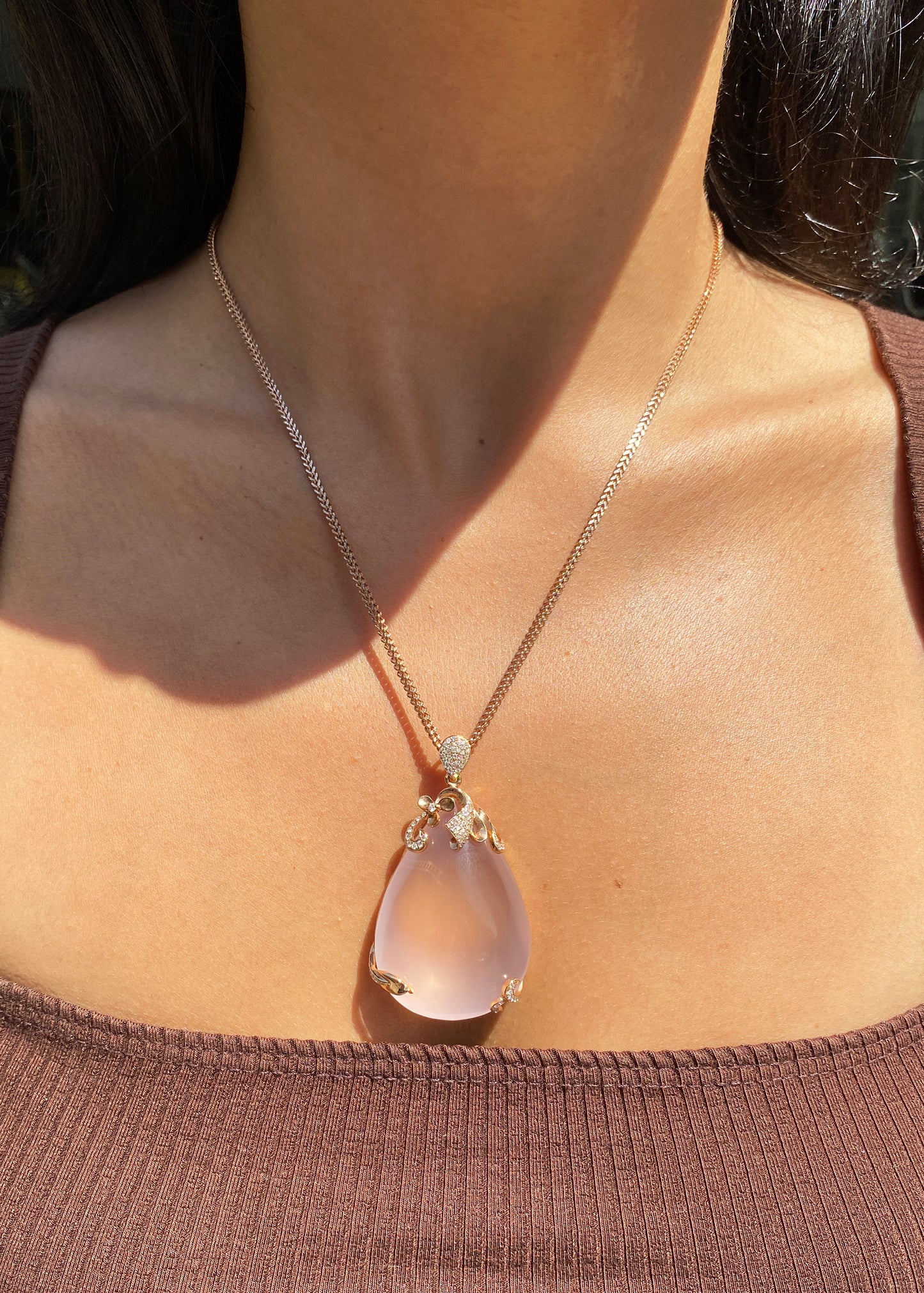 115.48ct Rose Quartz & Diamond 18K Rose Gold Large Pear Shape Pendant Necklace