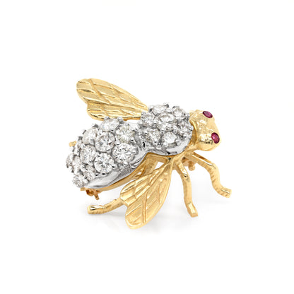 Diamond and Ruby 14 Carat White and Yellow Gold Bee Brooch