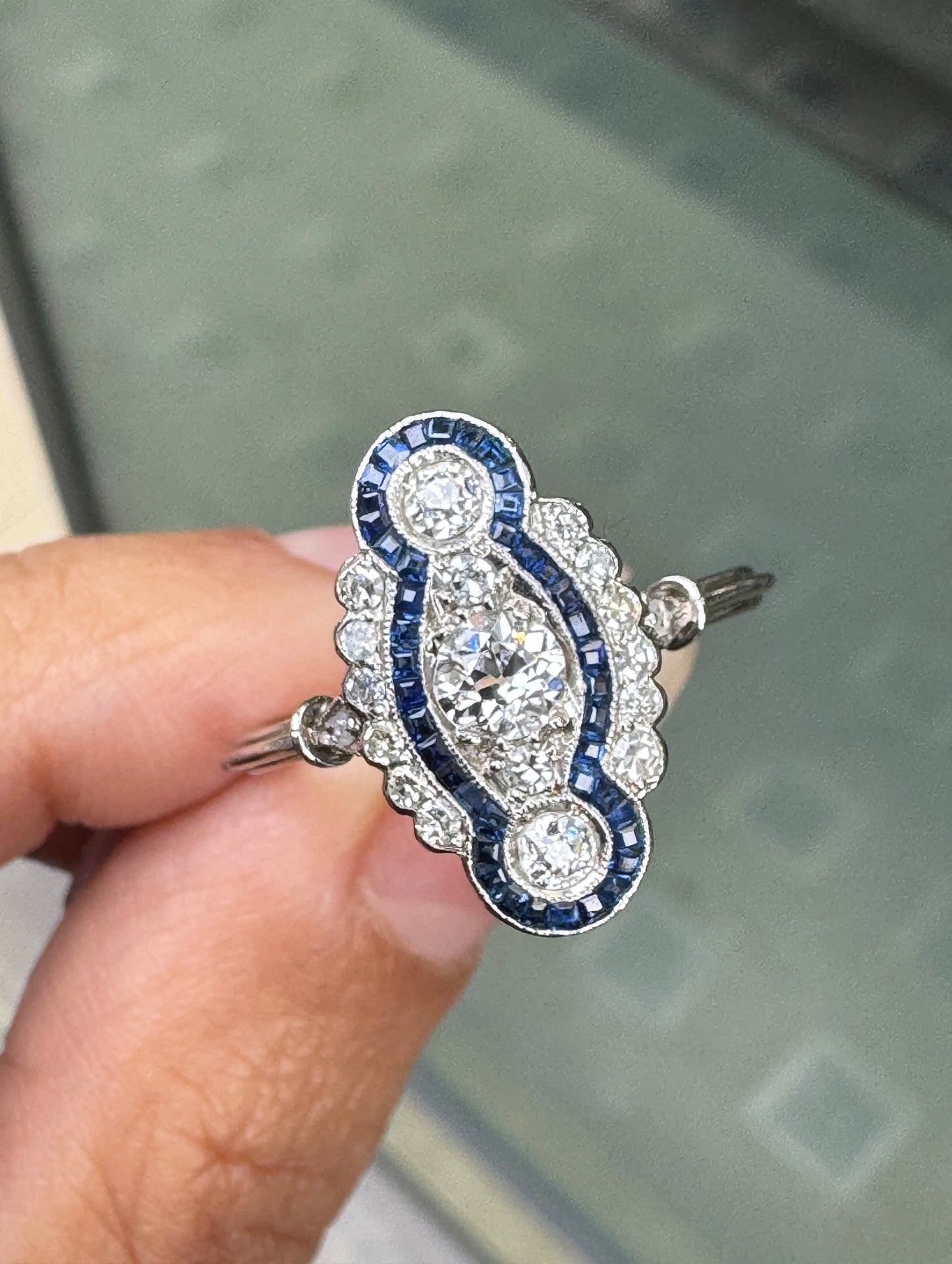 Sapphire and Diamond Art Deco Style Navette Platinum Dress Ring