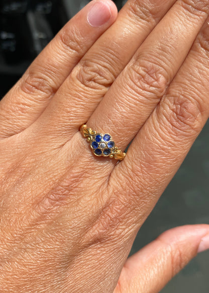 Antique George V Sapphire & Diamond Floral Cluster Ring in 18K Yellow Gold, 1918