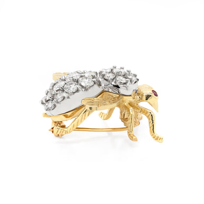 Diamond and Ruby 14 Carat White and Yellow Gold Bee Brooch