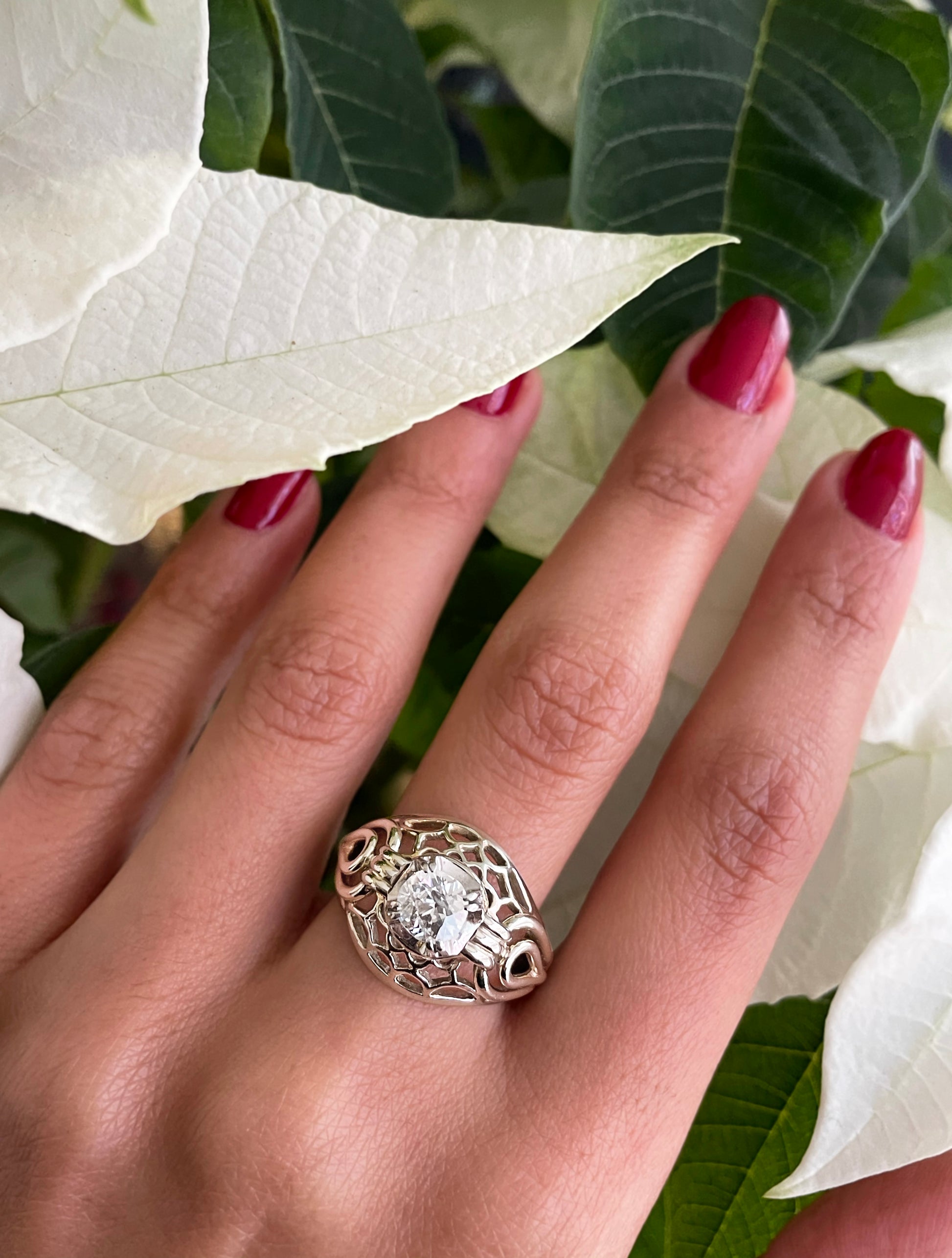 Vintage Old Cut Diamond 18 Carat White Gold Open Work Dome Cocktail Ring, Circa 1950 - Tobi Gem Setting