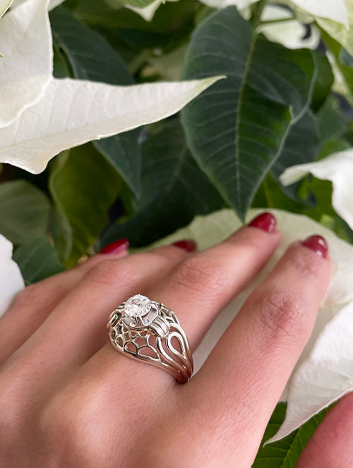 Vintage Old Cut Diamond 18 Carat White Gold Open Work Dome Cocktail Ring, Circa 1950