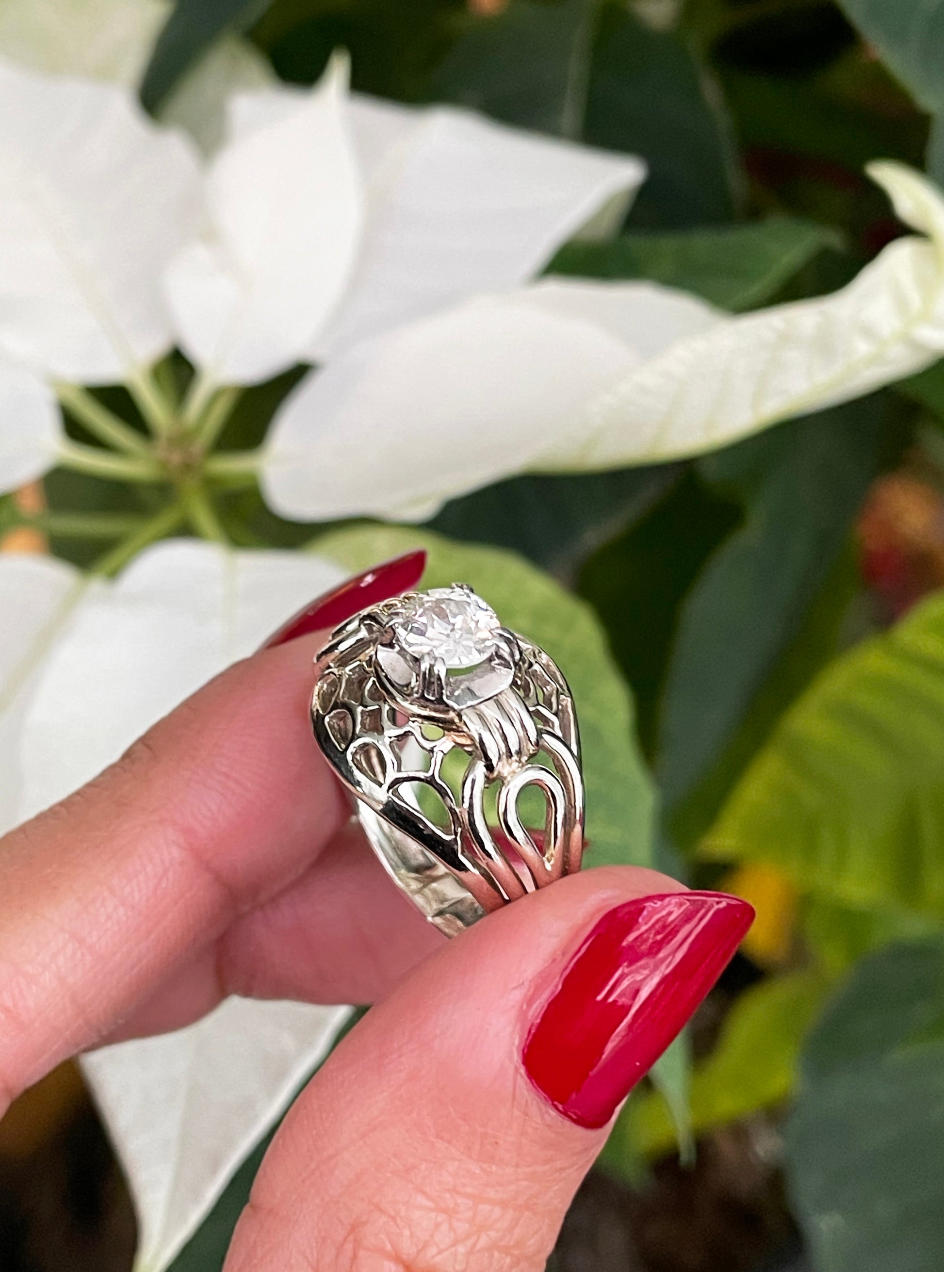 Vintage Old Cut Diamond 18 Carat White Gold Open Work Dome Cocktail Ring, Circa 1950 - Tobi Gem Setting