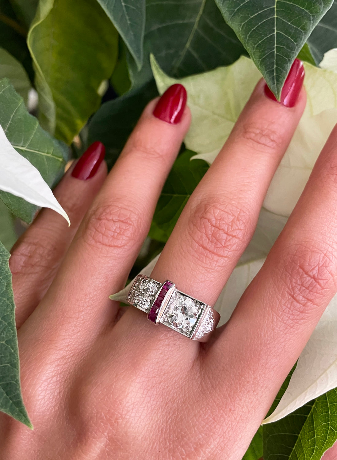 0.83 Carat Old European Cut Diamond and Ruby Platinum Engagement Ring, Circa 1950s