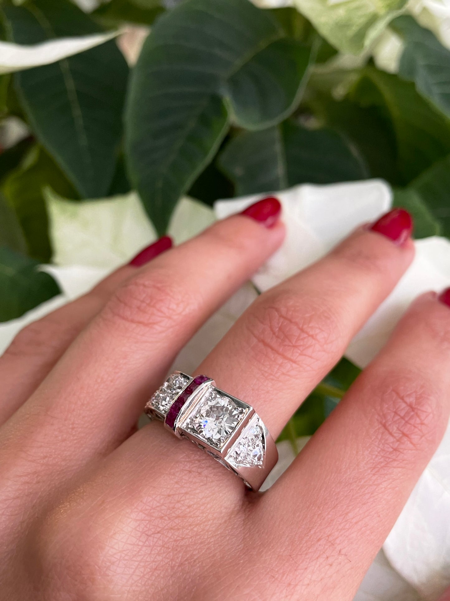 0.83 Carat Old European Cut Diamond and Ruby Platinum Engagement Ring, Circa 1950s