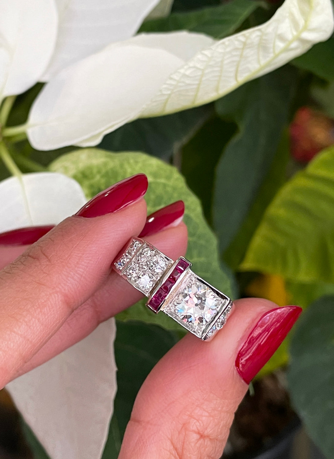 0.83 Carat Old European Cut Diamond and Ruby Platinum Engagement Ring, Circa 1950s