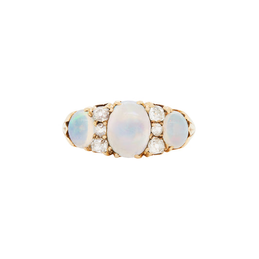 Antique Opal and Old mine cut diamond 18ct Yellow Gold Ring
