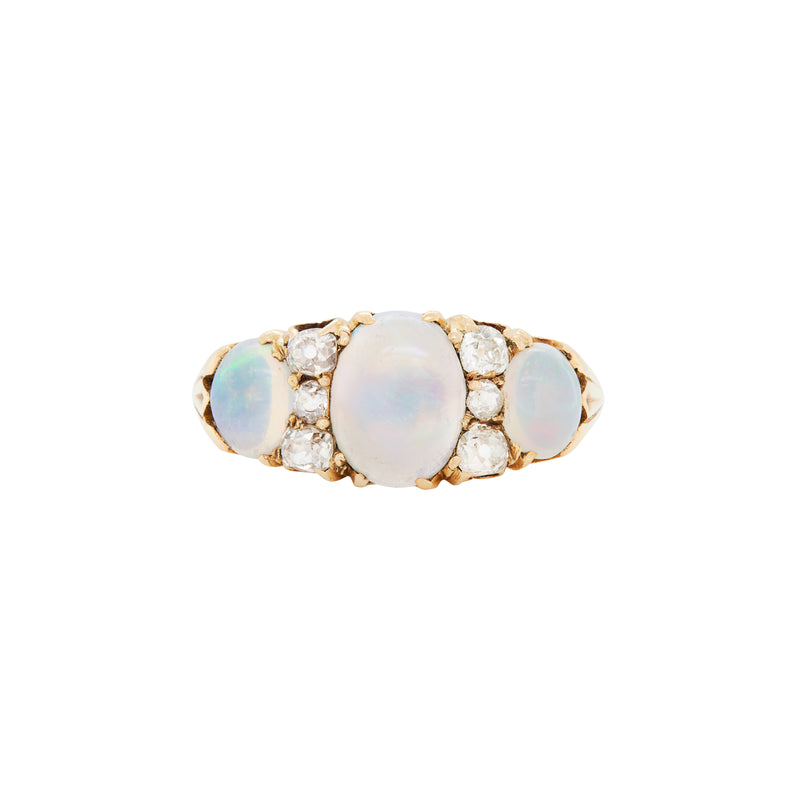 Antique Opal and Old mine cut diamond 18ct Yellow Gold Ring