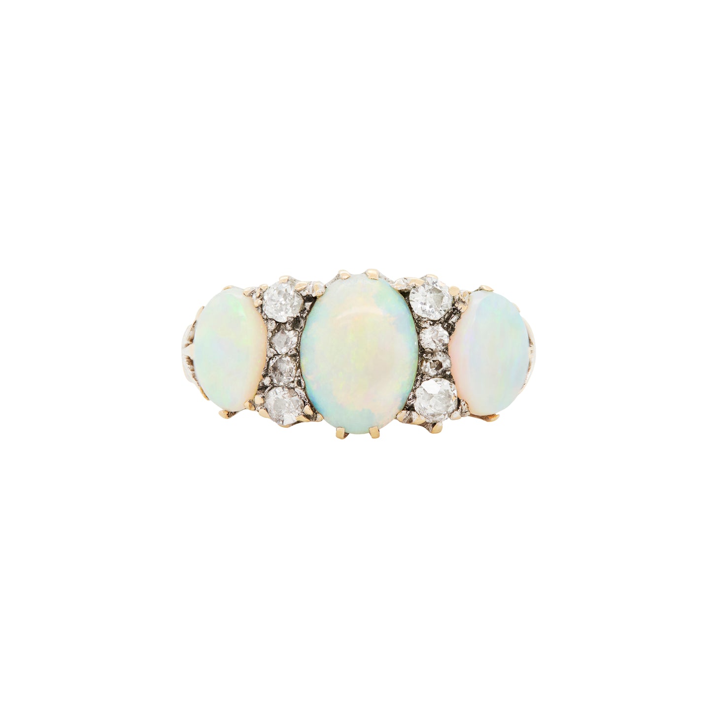 Antique Opal and Old Mine Cut Diamond 18 Carat Gold Three-Stone Ring