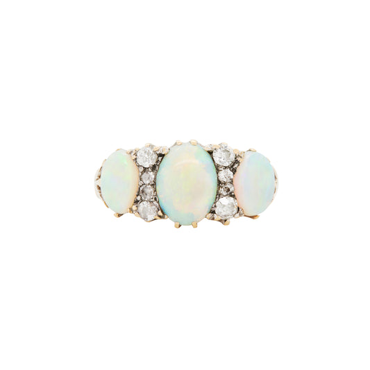 Antique Opal and Old Mine Cut Diamond 18 Carat Gold Three-Stone Ring