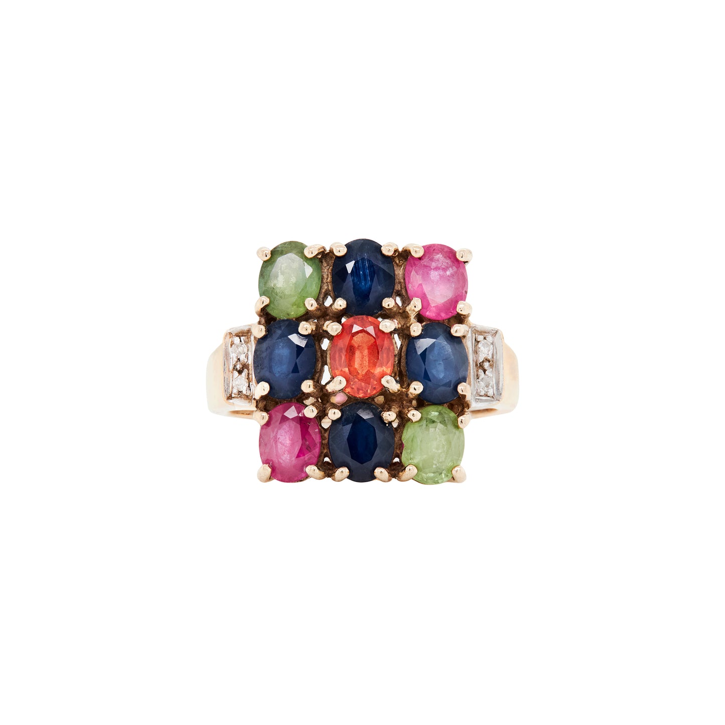 Multi-Coloured Sapphire and Diamond Cluster Cocktail Ring in 9 Carat Yellow Gold