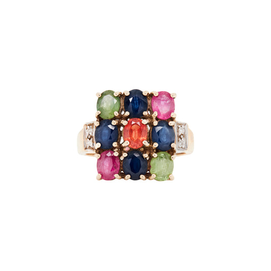 Multi-Coloured Sapphire and Diamond Cluster Cocktail Ring in 9 Carat Yellow Gold