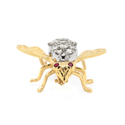 Diamond and Ruby 14 Carat White and Yellow Gold Bee Brooch