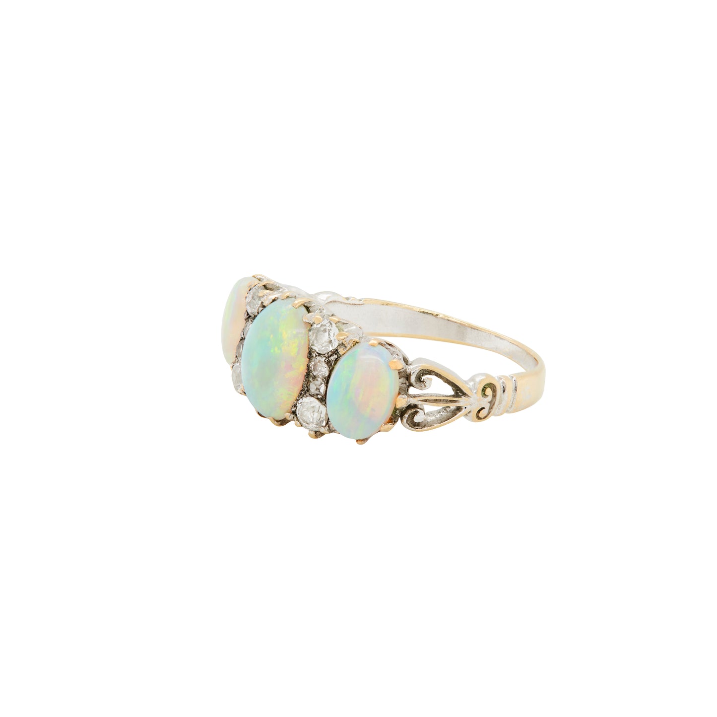 Antique Opal and Old Mine Cut Diamond 18 Carat Gold Three-Stone Ring