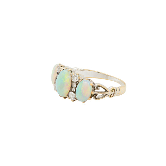 Antique Opal and Old Mine Cut Diamond 18 Carat Gold Three-Stone Ring