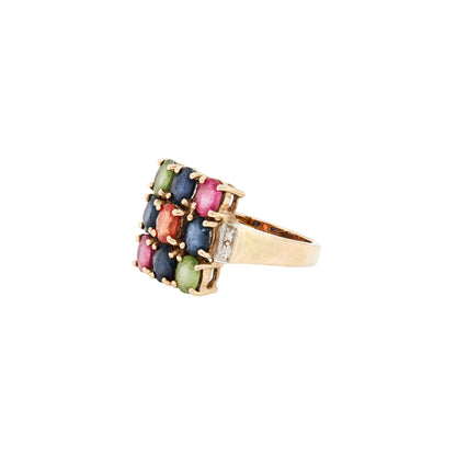 Multi-Coloured Sapphire and Diamond Cluster Cocktail Ring in 9 Carat Yellow Gold
