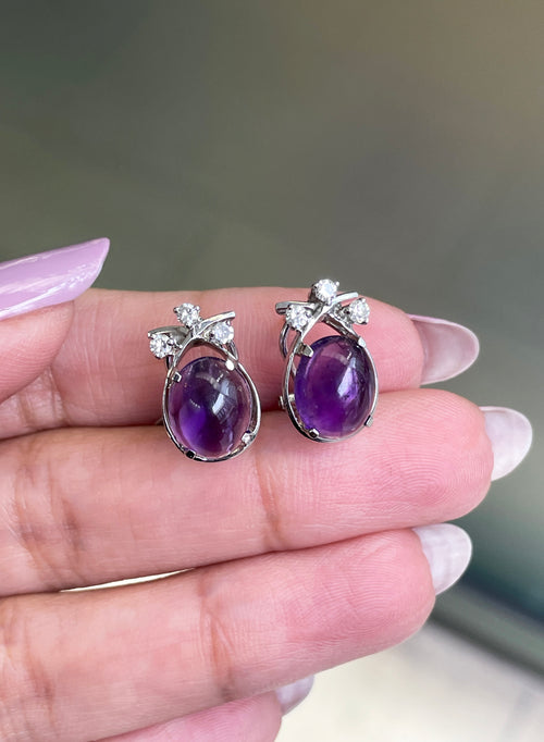 Vintage Oval Cabochon Amethyst and Diamond 18 Carat White Gold Stud Earrings