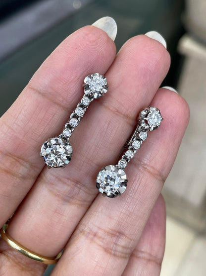 Vintage Diamond Platinum Linear Drop Earrings, circa 1950's