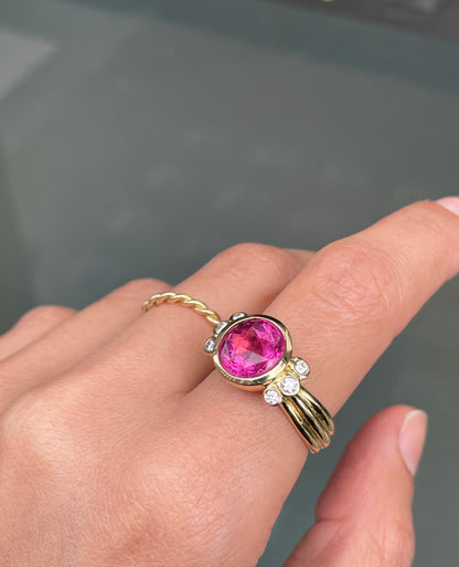 Dower and Hall 4.05ct Round Pink Tourmaline and Diamond 18ct Gold Dress Ring