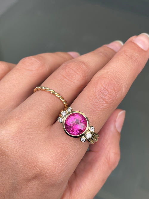 Dower and Hall 4.05ct Round Pink Tourmaline and Diamond 18ct Gold Dress Ring