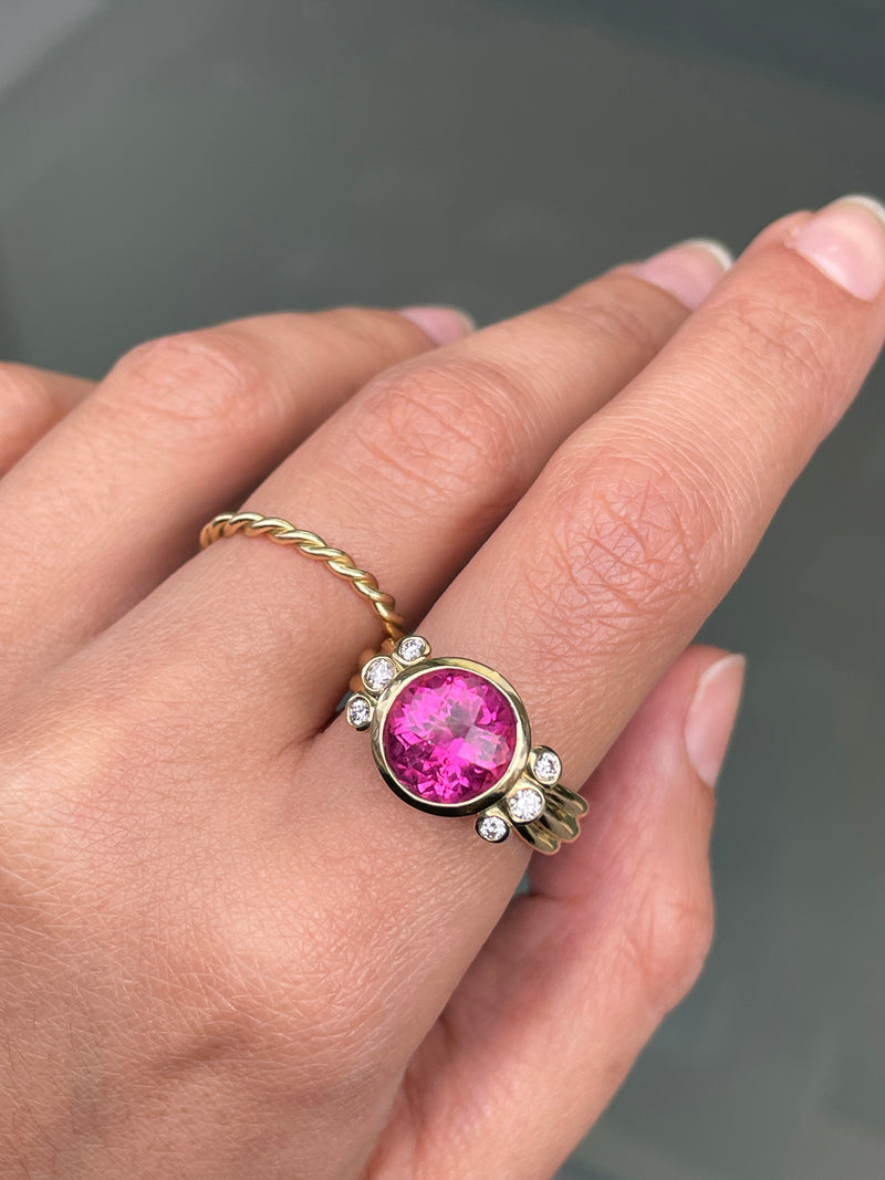Dower and Hall 4.05ct Round Pink Tourmaline and Diamond 18ct Gold Dress Ring
