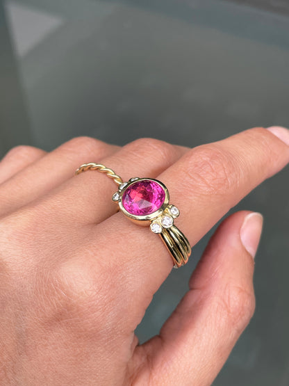 Dower and Hall 4.05ct Round Pink Tourmaline and Diamond 18ct Gold Dress Ring