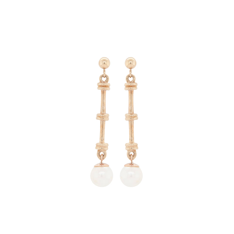 Cutured Pearl and 9 Carat Yellow Gold Bar Drop Earrings