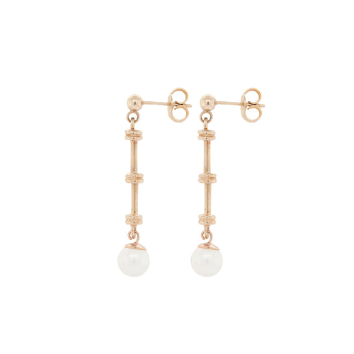 Cutured Pearl and 9 Carat Yellow Gold Bar Drop Earrings
