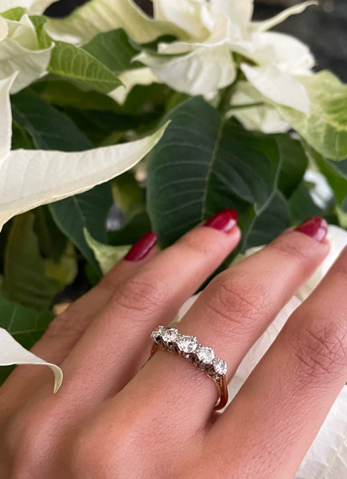 Vintage Five-Stone Diamond Platinum and 18 Carat Yellow Gold Ring