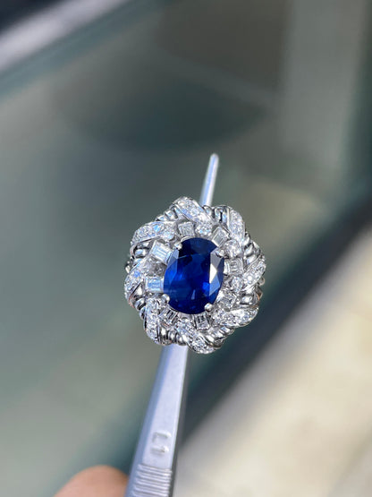 2.02 Carat Natural Blue Sapphire and Diamond Platinum Cluster Cocktail Ring