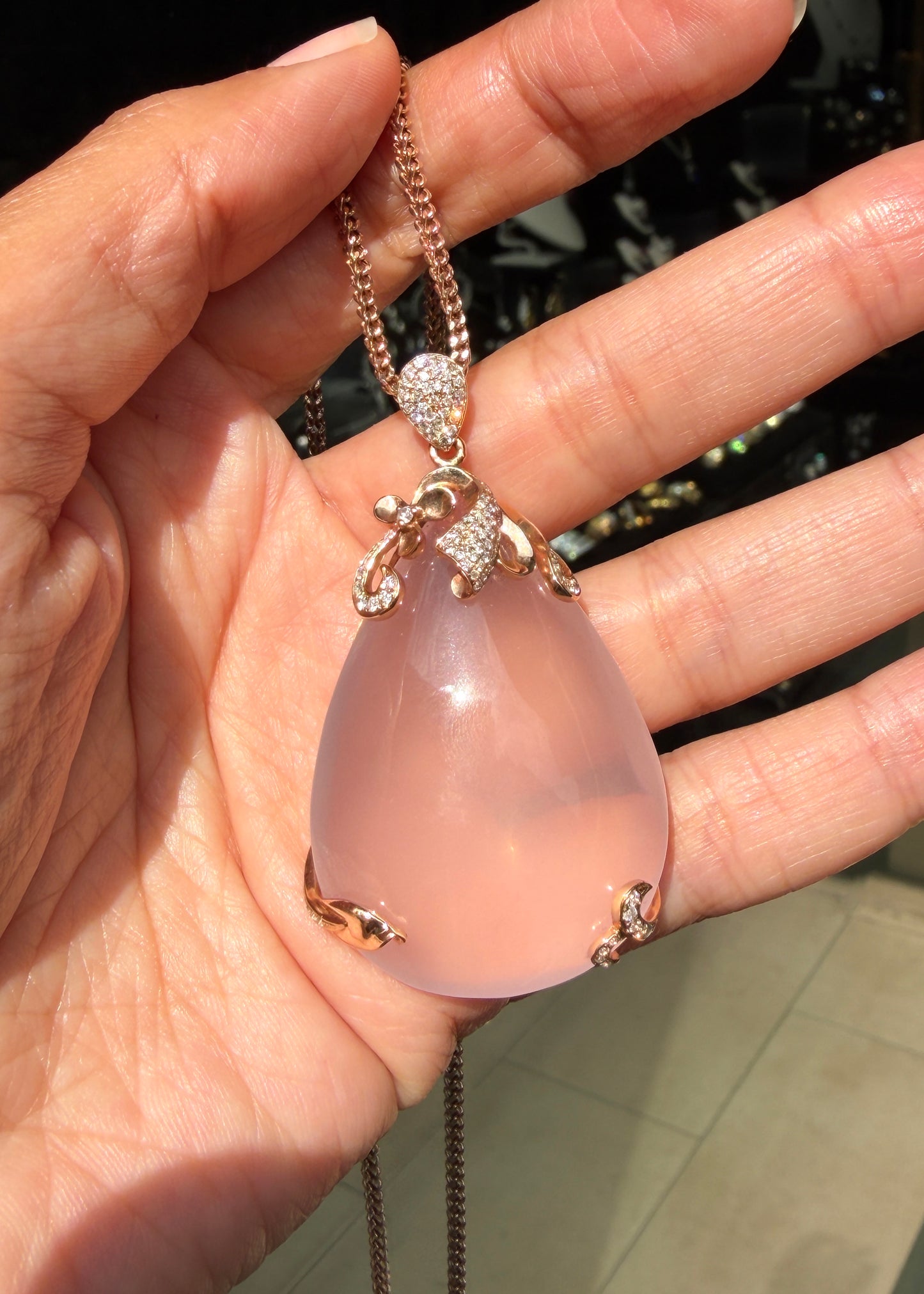 115.48ct Rose Quartz & Diamond 18K Rose Gold Large Pear Shape Pendant Necklace