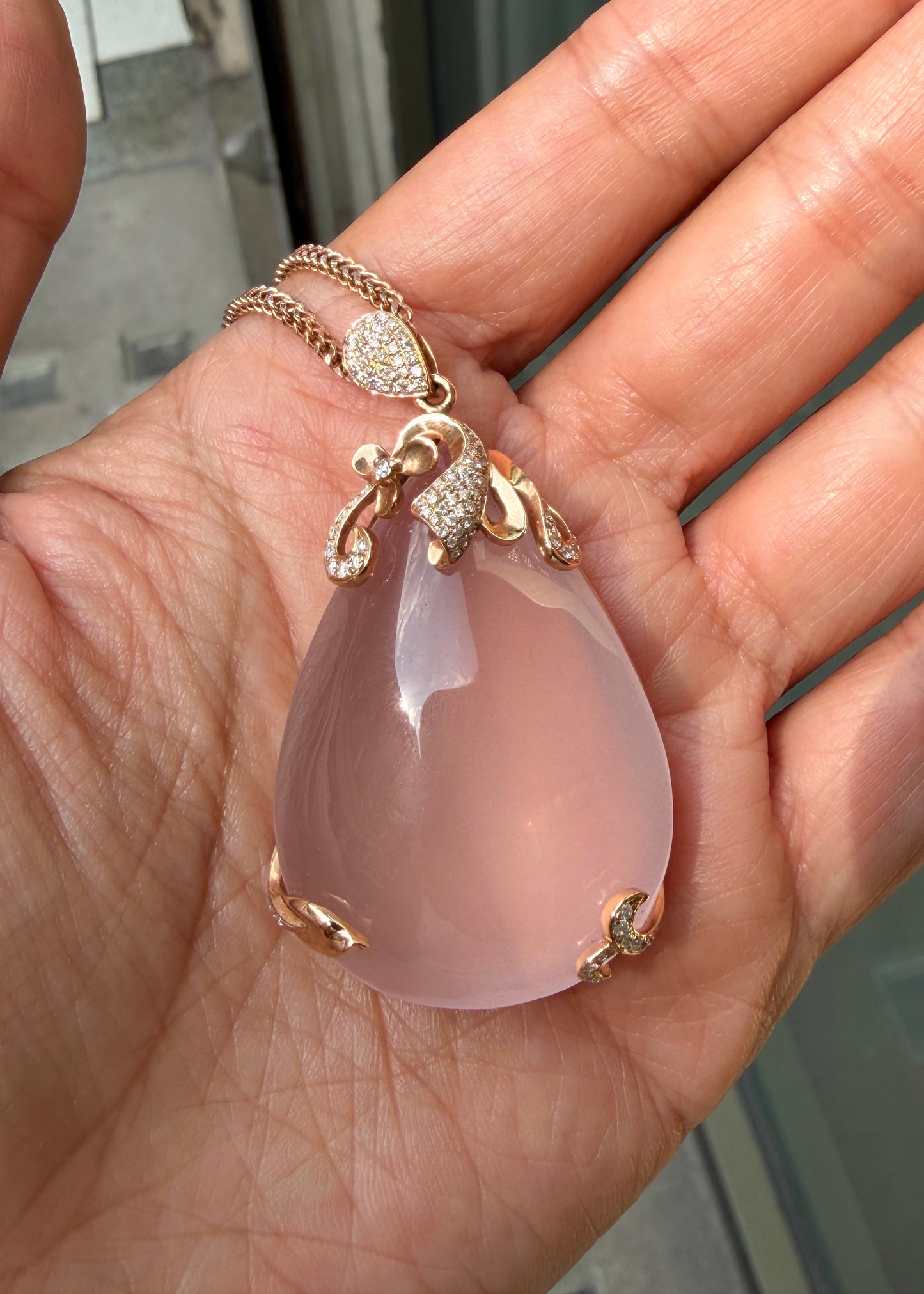 115.48ct Rose Quartz & Diamond 18K Rose Gold Large Pear Shape Pendant Necklace