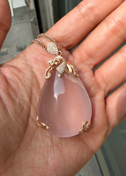 115.48ct Rose Quartz & Diamond 18K Rose Gold Large Pear Shape Pendant Necklace