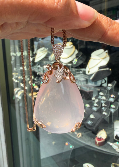 115.48ct Rose Quartz & Diamond 18K Rose Gold Large Pear Shape Pendant Necklace