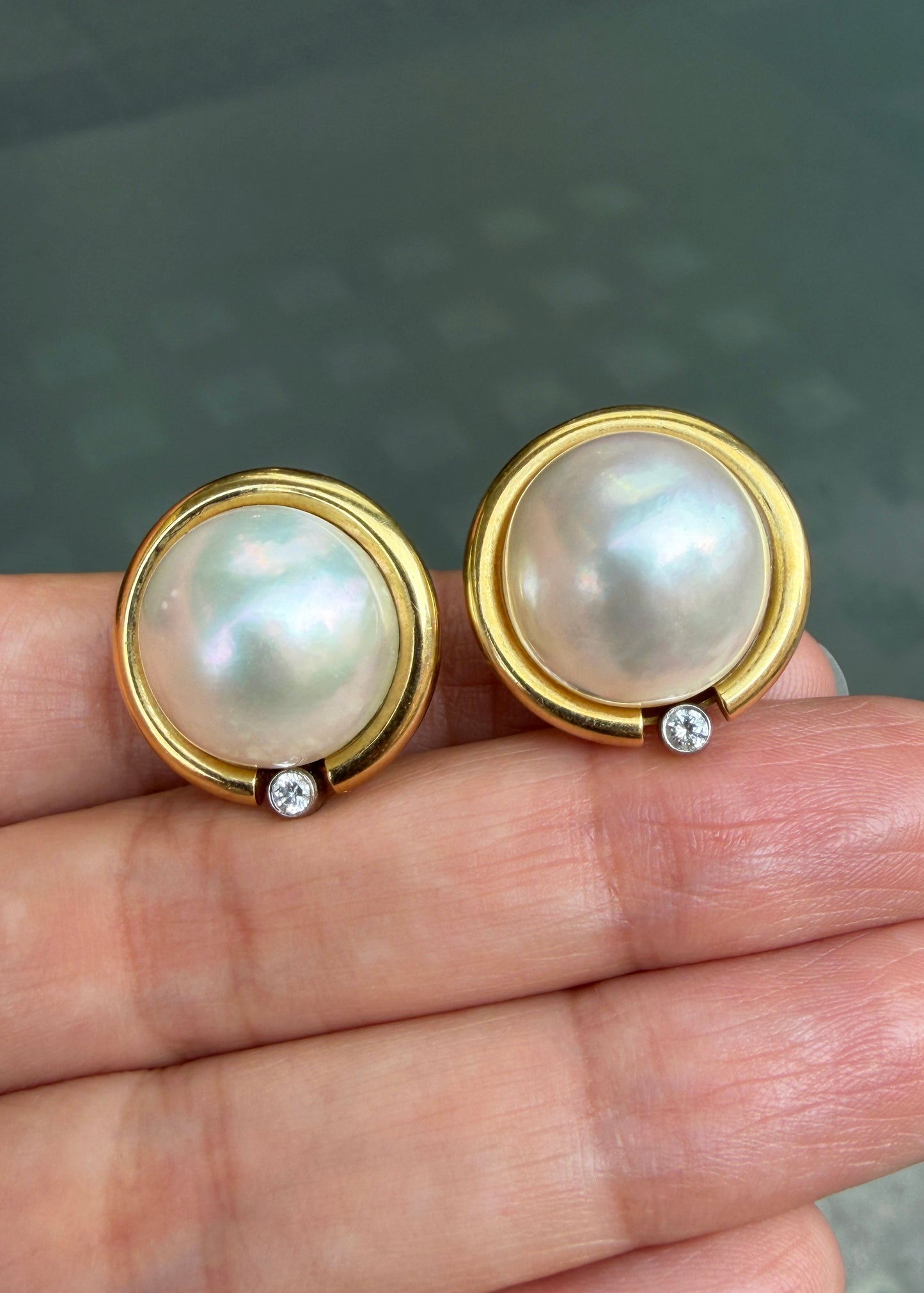 Vintage Mabe Pearl & Diamond 18 Carat Yellow Gold Lever-Back Earrings, c.1980s