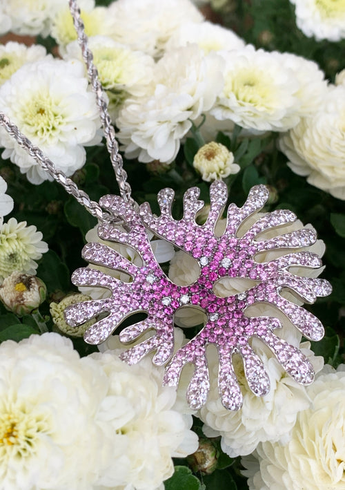 Pink and White Sapphire and Diamond 18 Carat Gold Coral Pendant and Chain