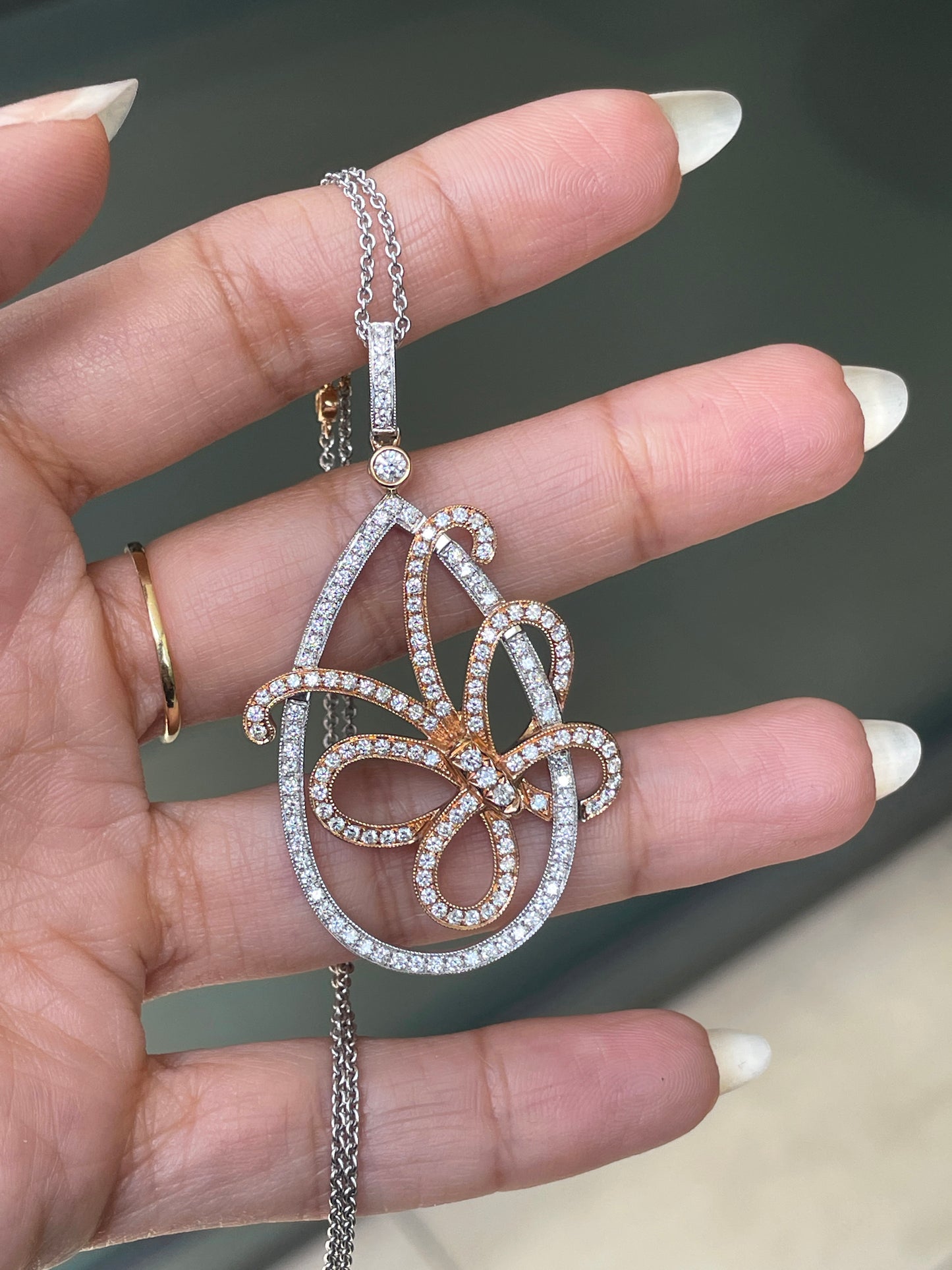 18 Carat White and Rose Gold Diamond Butterfly Pendant and Chain