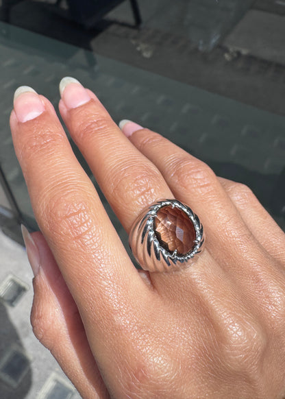 Faceted Oval Smoky Quartz Bombé Dome Cocktail Ring in 14 Carat White Gold