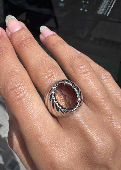 Faceted Oval Smoky Quartz Bombé Dome Cocktail Ring in 14 Carat White Gold