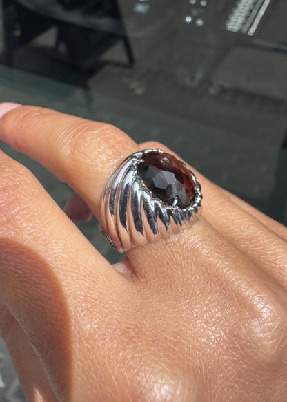Faceted Oval Smoky Quartz Bombé Dome Cocktail Ring in 14 Carat White Gold