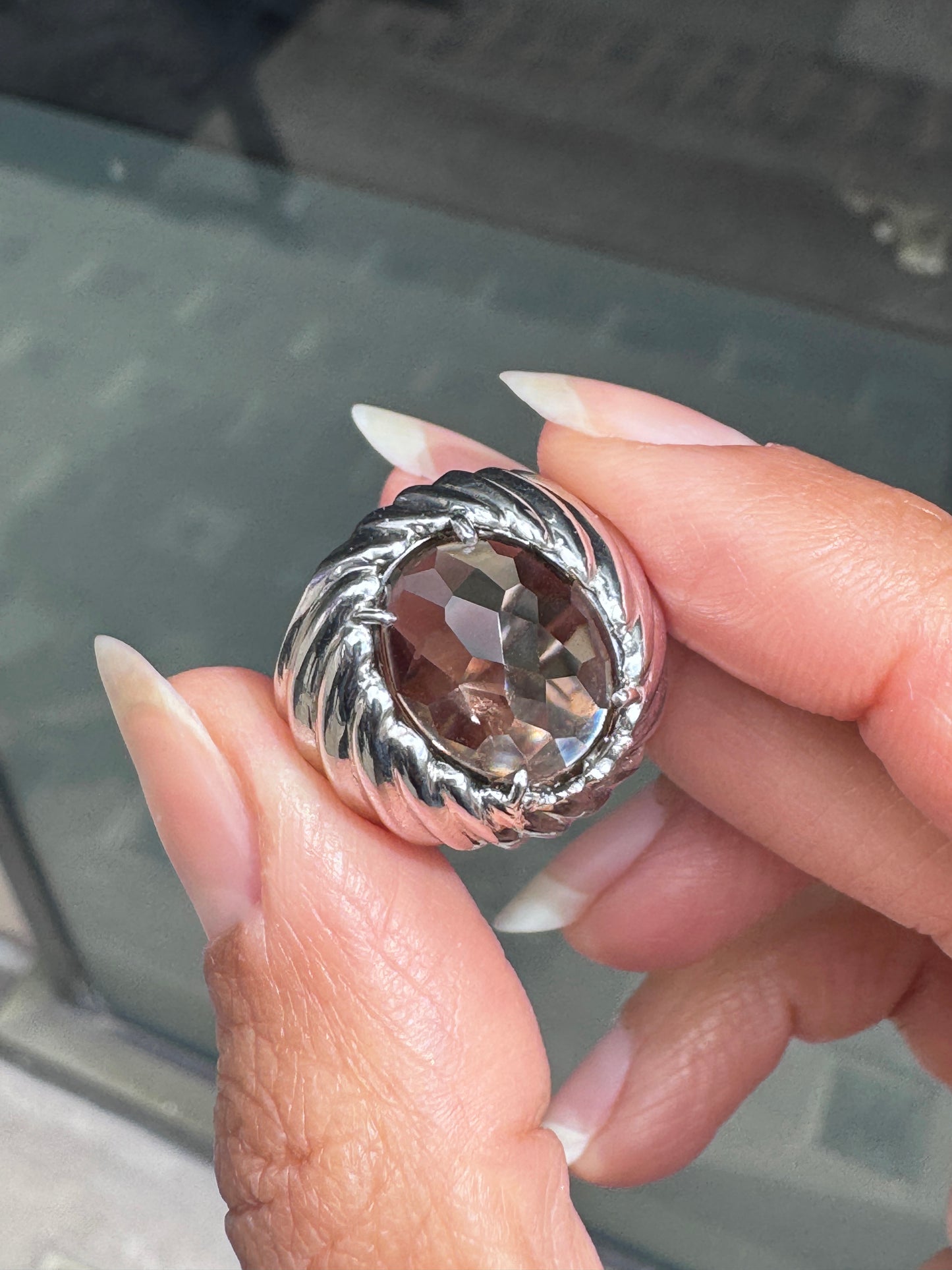 Faceted Oval Smoky Quartz Bombé Dome Cocktail Ring in 14 Carat White Gold