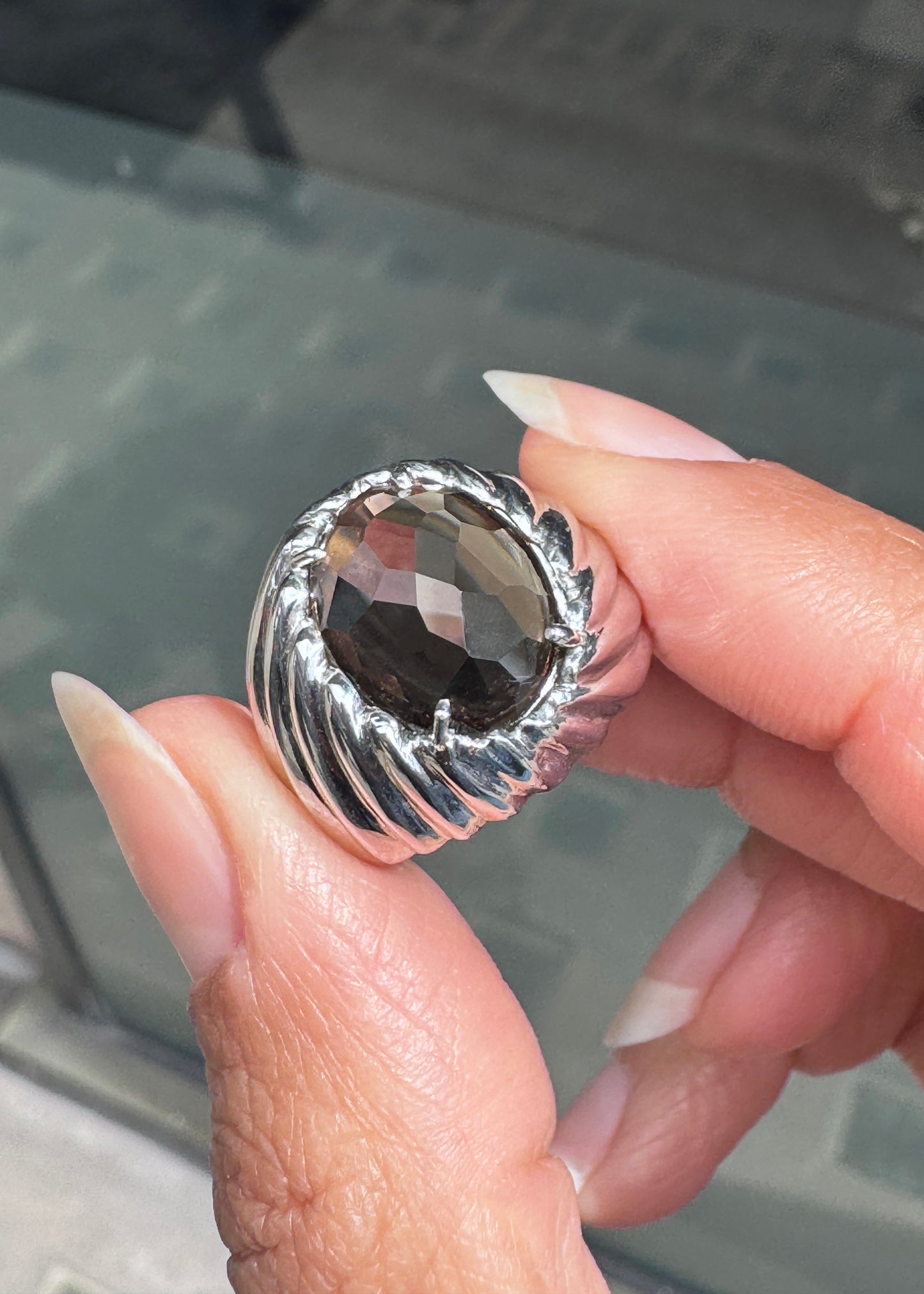Faceted Oval Smoky Quartz Bombé Dome Cocktail Ring in 14 Carat White Gold